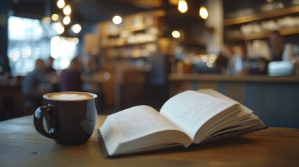 Open Book and Coffee Cup on Wooden Table in a Cafe