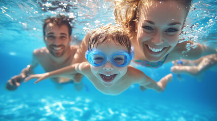 A joyful family teaches a young child to swim underwater in a clear pool on a sunny day
