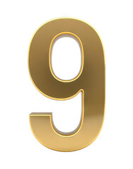 Gold Number 9 Isolated on Clear Background with Transparent Background for Designs and Overlays