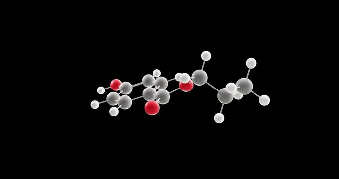 Propylparaben molecule, rotating 3D model of e216, looped video on a black background