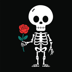 Skeleton Holding Red Rose Valentine Proposal Illustration

