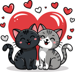 Cute Cat Couple in Love with Hearts Valentine's Day Illustration