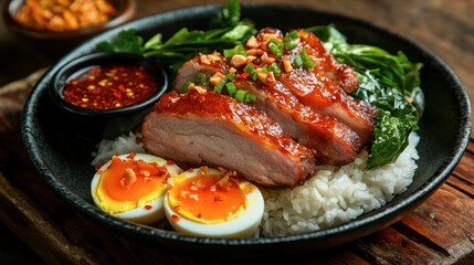 A serving of succulent pork leg over rice, garnished with greens, eggs, and chili sauce, presented in a traditional Thai setting.