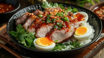 A serving of succulent pork leg over rice, garnished with greens, eggs, and chili sauce, presented in a traditional Thai setting.