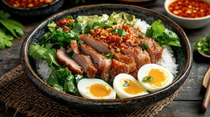 Fototapeta premium A serving of succulent pork leg over rice, garnished with greens, eggs, and chili sauce, presented in a traditional Thai setting.