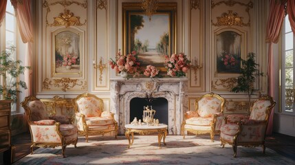 A sophisticated princess living room with luxurious armchairs, floral decor, and a marble fireplace.