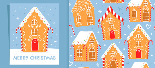 Gingerbread house on a blue background. Homemade christmas cookie with white sugar glaze. Christmas card. And christmas seamless pattern for wrapping paper, fabric, card.