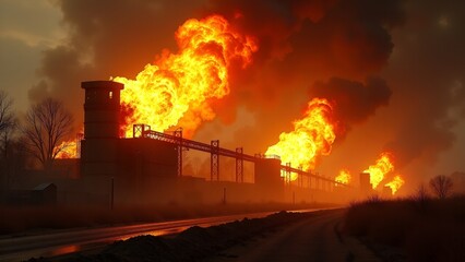 Dramatic scene of a raging industrial fire with intense flames and thick smoke engulfing structures. Captures the chaos and danger of industrial accidents, highlighting the power and destruction of fi