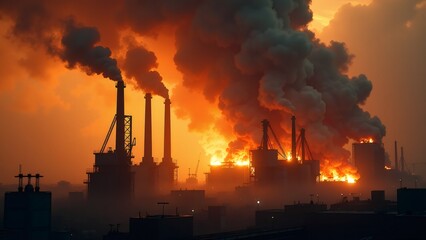 Fototapeta premium A dramatic scene of an industrial factory releasing smoke against a fiery sunset. Capturing themes of pollution, environmental impact, and industrialization.