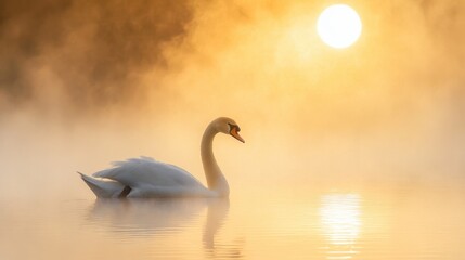 Fototapeta premium A swan elegantly floating on a foggy lake at sunrise, creating a magical and serene atmosphere.