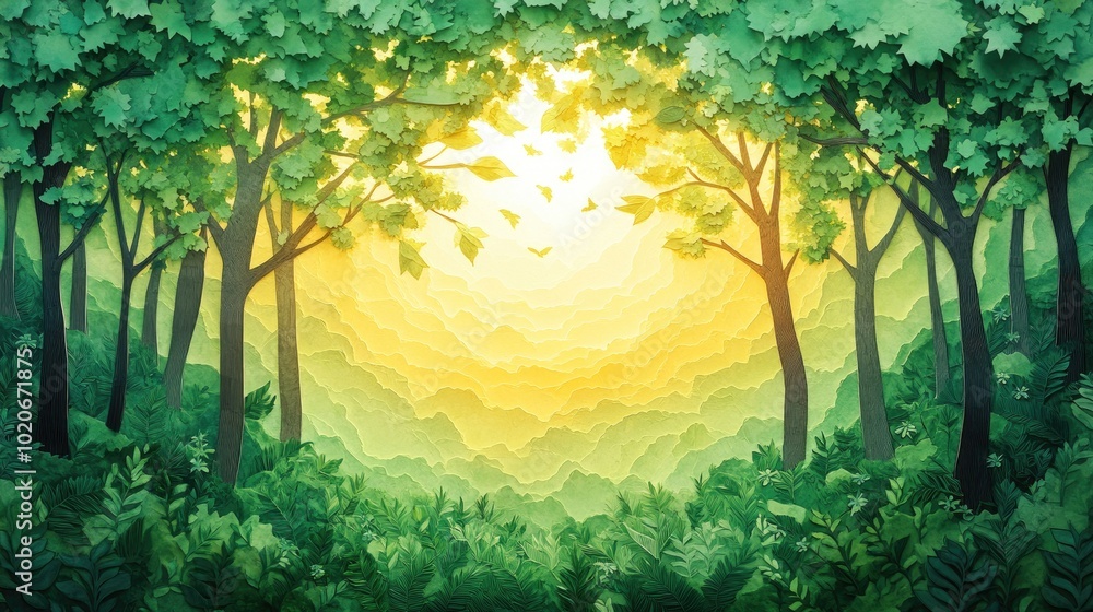 Poster morning sunlight filtering through trees with a layer of green mist below morning sunlight shining t