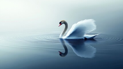 Fototapeta premium A swan gracefully gliding across a still lake, with soft ripples trailing behind it in the water.