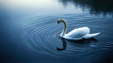 Fototapeta premium A swan gracefully gliding across a still lake, with soft ripples trailing behind it in the water.