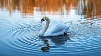 Fototapeta premium A swan gracefully gliding across a still lake, with soft ripples trailing behind it in the water.