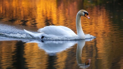 Fototapeta premium A swan gracefully gliding across a still lake, with soft ripples trailing behind it in the water.