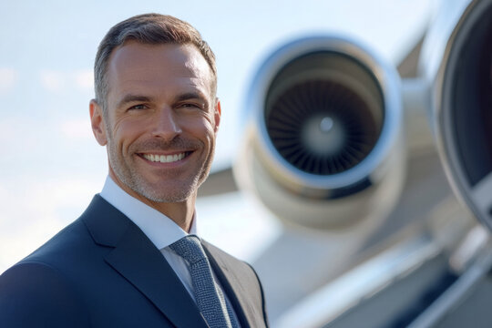 Businessman standing confidently beside a private plane in bright sunlight ready for a journey