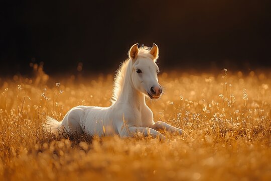 Serene white foal resting in a golden sunset field.