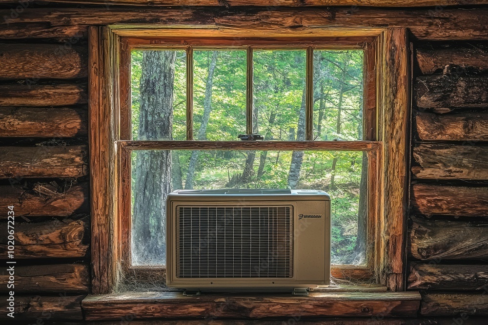 Poster air conditioner unit installed in a rustic log cabin window