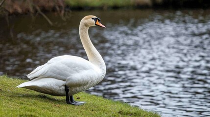 Fototapeta premium A swan perched elegantly on a grassy riverbank, looking out at the peaceful water.