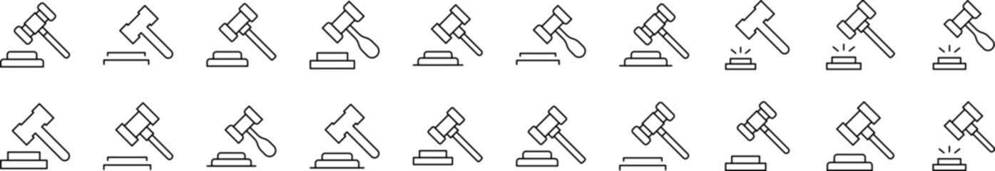 Judicial Gavel Line Icon Collection. Editable Stroke. Perfect for Infographics, Articles, Books, Flyers, Banners