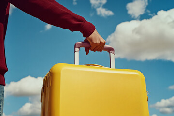 Man holding suitcase in hands, bottom view