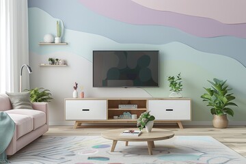 Pastel Colored Living Room with Oak TV Stand, White Cabinet, Abstract Wall Art and Soft Sofa