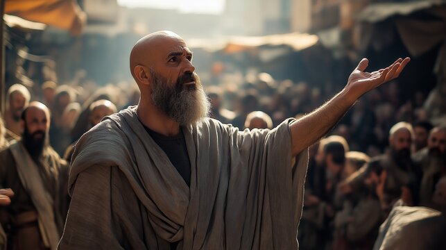 Cinematic, bald and bearded Paul, around 55 years old, preaching passionately to a crowd of gentiles in an open marketplace