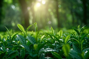 Obraz premium Serene woodland with vibrant tea plants, sunlight through leaves, close-up of new growth in a natural forest setting.