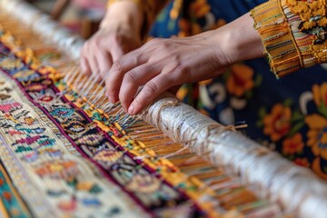Close-up of a woman's hands weaving on a traditional Turkish carpet loom. Emphasis on the weaving process, brightly colored threads