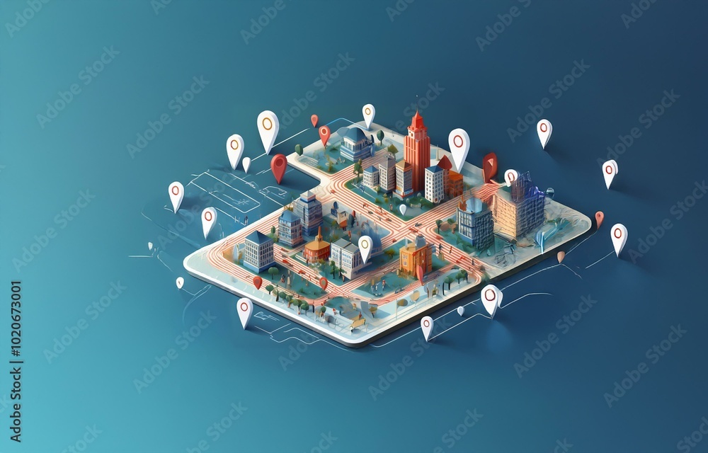 Poster a 3d rendering of a city map on a blue background, with pin markers showing various locations.
