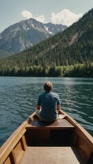 Fototapeta premium Man in wooden boat on calm lake gazing at distant mountains under clear skies