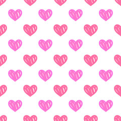 Hearts cute doodle seamless pattern. Surface pattern design with pink hearts. Vector illustration.