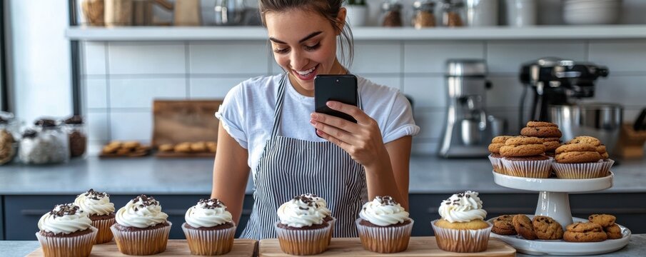 Young woman in apron photographing freshly baked cupcakes in modern kitchen setting with smartphone