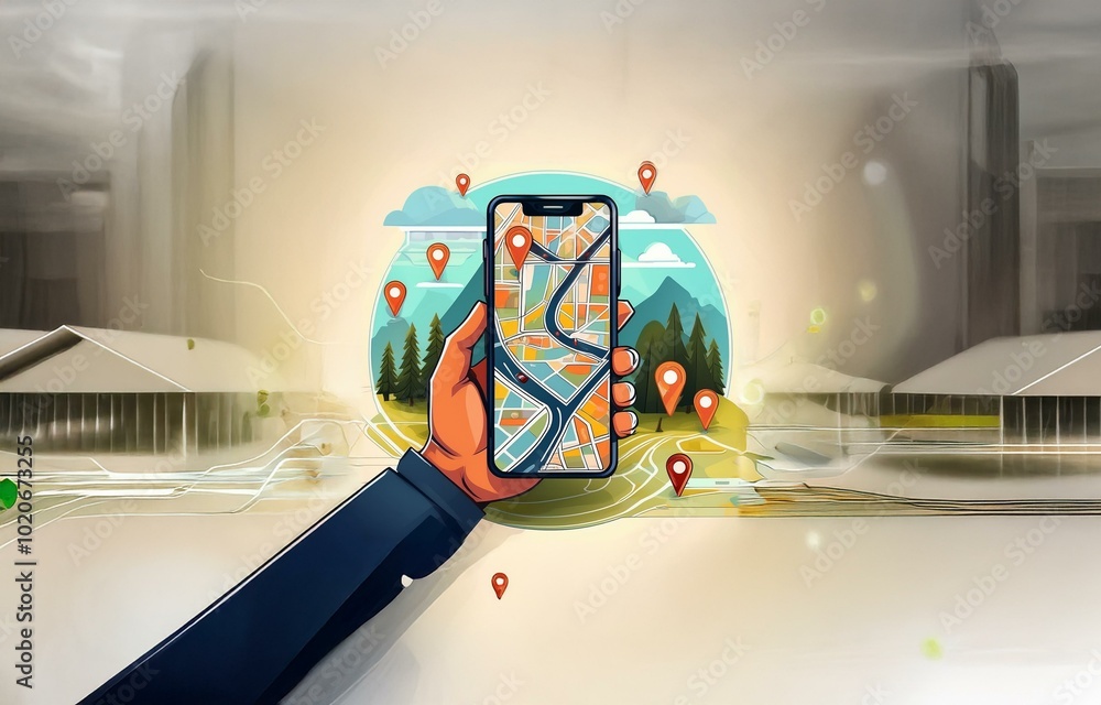 Aufkleber a hand holds a smartphone displaying a map with multiple red pins. the phone is in focus against a b