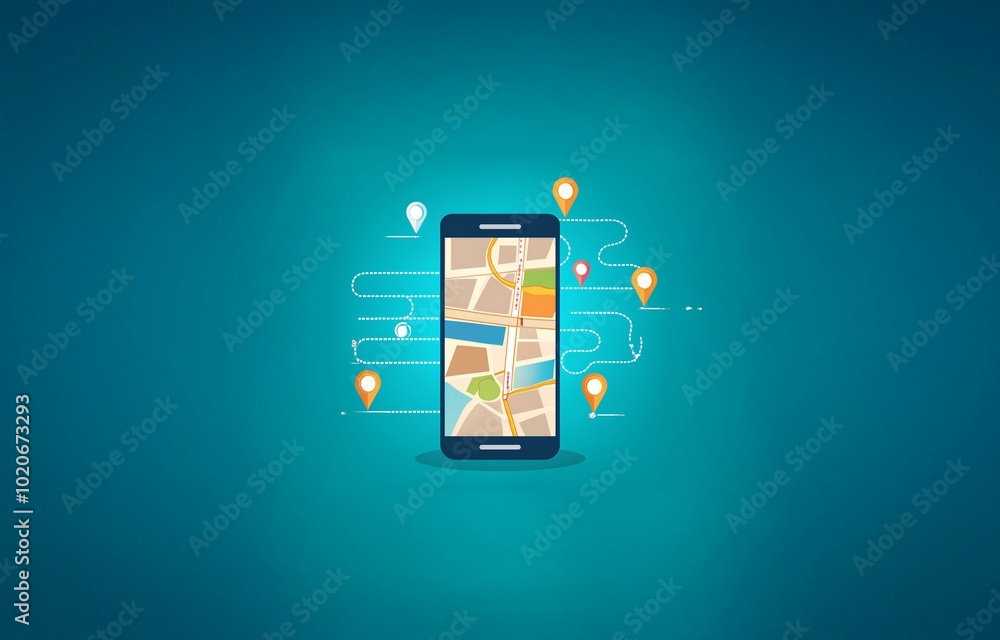 Aufkleber a smartphone displaying a map application with multiple pins and a dotted route line on a teal backg