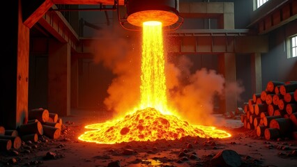 A dramatic scene of molten metal being poured at an industrial foundry, showcasing intense heat and sparks. Captures the raw power and energy of metal manufacturing.