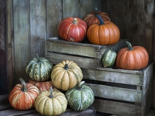 Decorative pumpkins on old wooden crates
