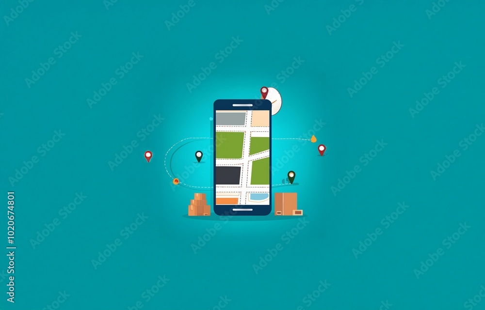 Poster a smartphone displaying a map with multiple location pins and a dashed route line, indicating delive