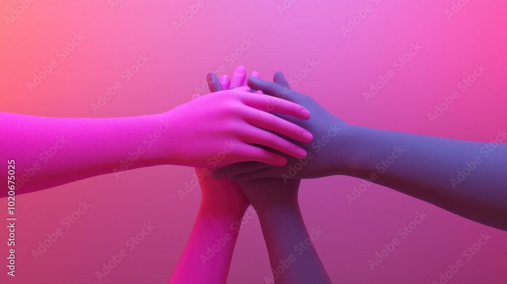Poster a colorful image of multiple hands stacked together, symbolizing unity and collaboration in a vibran