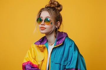 Cool teenager. Fashionable DJ girl in colorful trendy jacket and vintage retro sunglasses enjoys style of 80s, 90s vibes. Teenager Girl at disco party. Young fashion model on yellow color backgroun