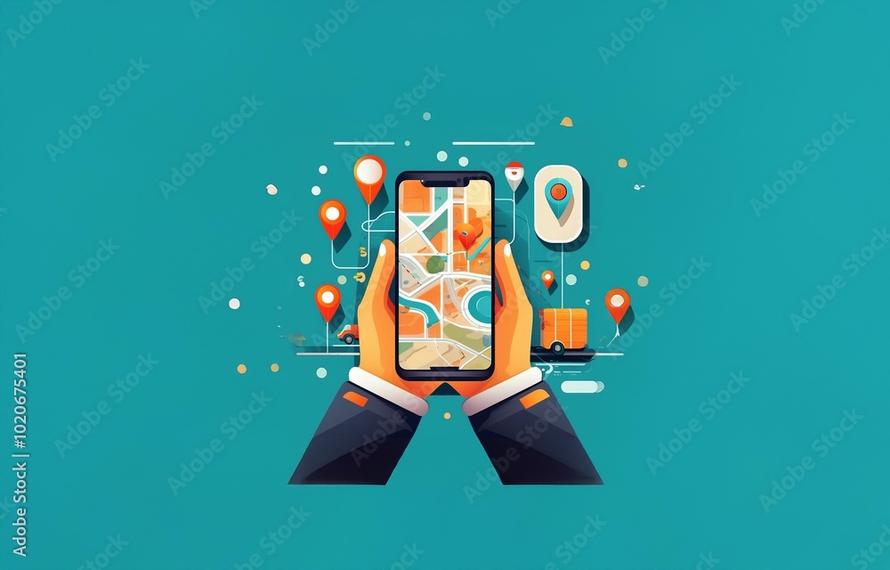 Poster two hands holding a smartphone displaying a map with multiple location markers.
