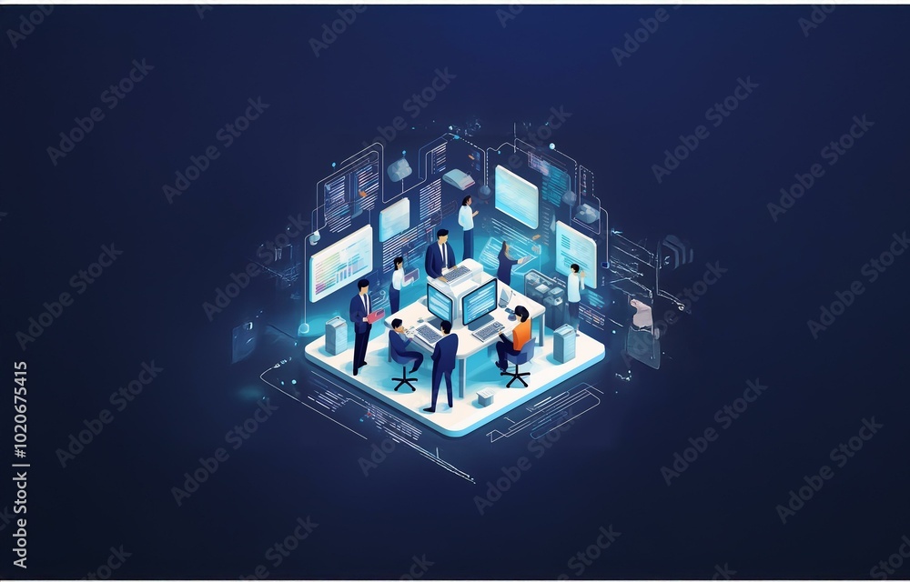 Poster a group of people are working in an office setting, interacting with computer screens and surroundin