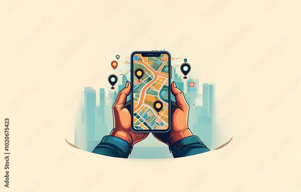 Poster a hand holds a smartphone displaying a map with multiple location pins, showcasing navigation.