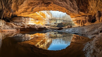 Stunning underground formations of Marengo Cave illuminated by natural light. Captivating high dynamic range details captured with Nikon D850. National landmark photography.