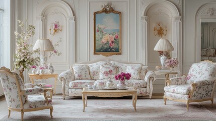 A vintage-inspired princess living room with floral upholstery, delicate china, and elegant lighting fixtures.