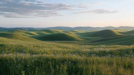 Rolling Green Hills with Wildflowers at Sunset
