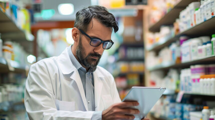 Pharmacist in white coat uses tablet for technology integration in pharmacy setting with shelves of medications