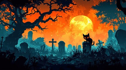 Obraz premium A cat is sitting on a tombstone in a graveyard