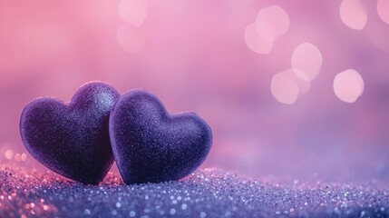 Fototapeta premium Two soft velvet hearts resting on a sparkling glitter surface, surrounded by glowing heart bokeh in the background, dreamy atmosphere with pink and purple tones