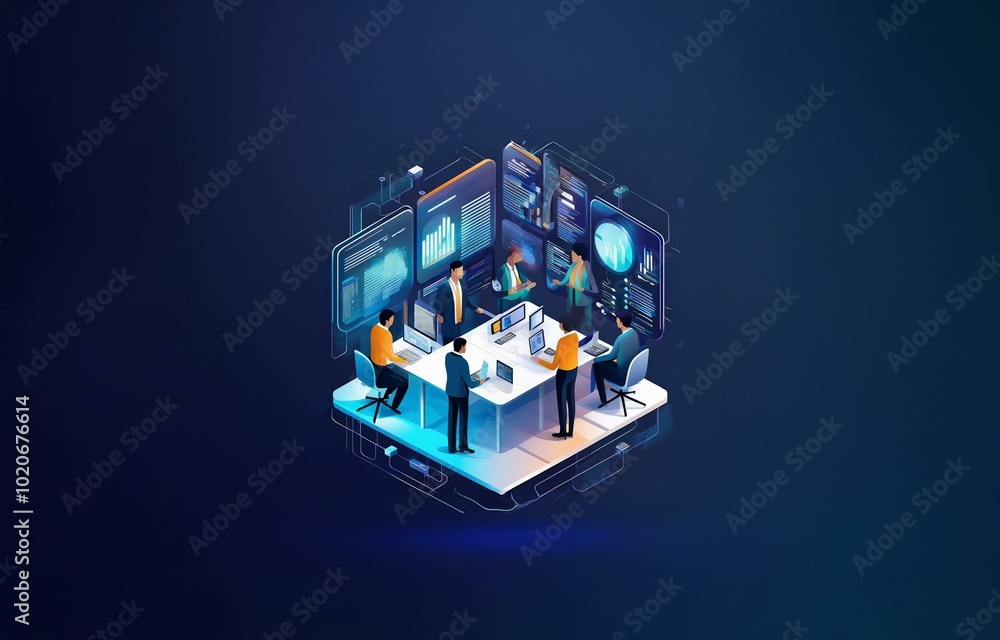 Poster a group of people sit at a table with a laptop in a meeting with digital displays showcasing data an